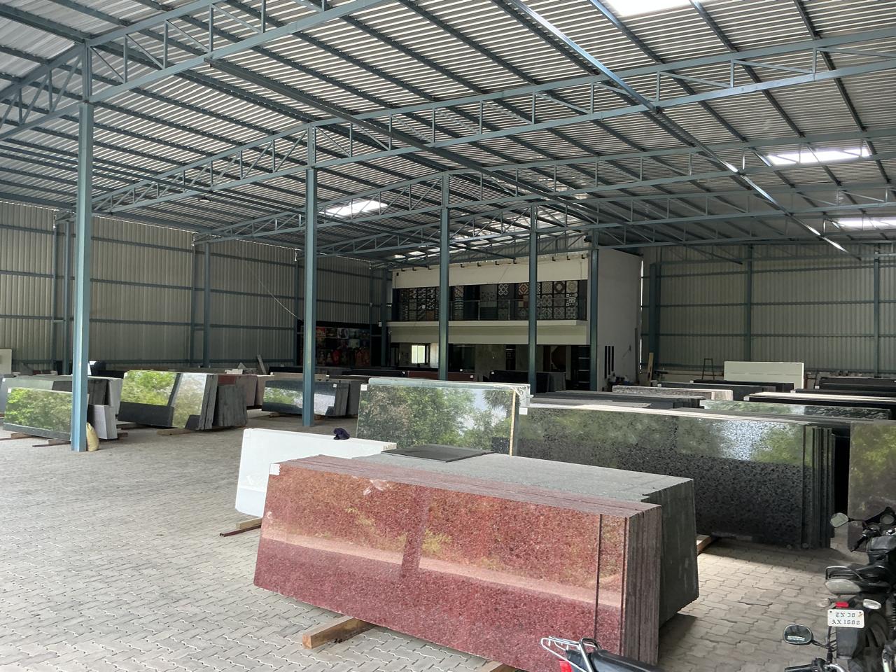 Showroom floor with granite slabs on display